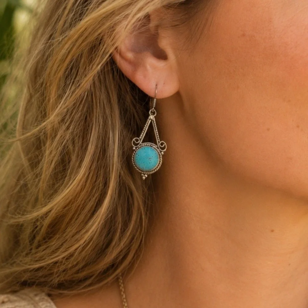 Tibetan Handmade Turquoise Dangle Earrings Silvertone Boho Artisan Southwestern